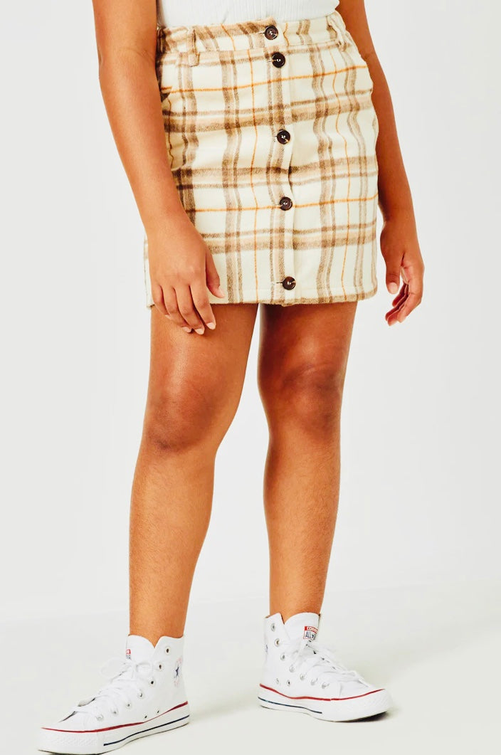 Girls Brushed Plaid Button Up Skirt