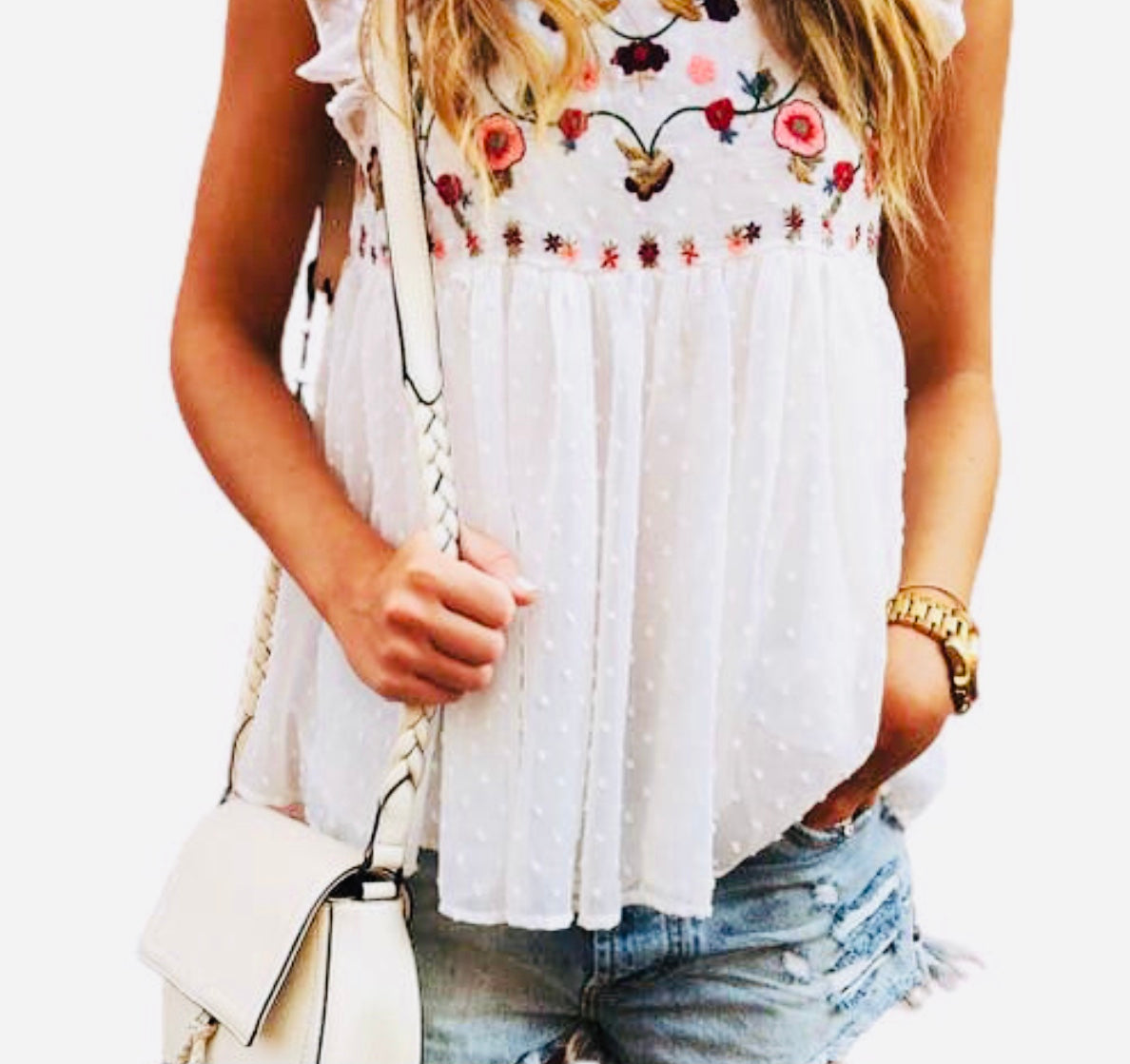 White Floral Embroidered Swiss Dot Ruffled Tank Top