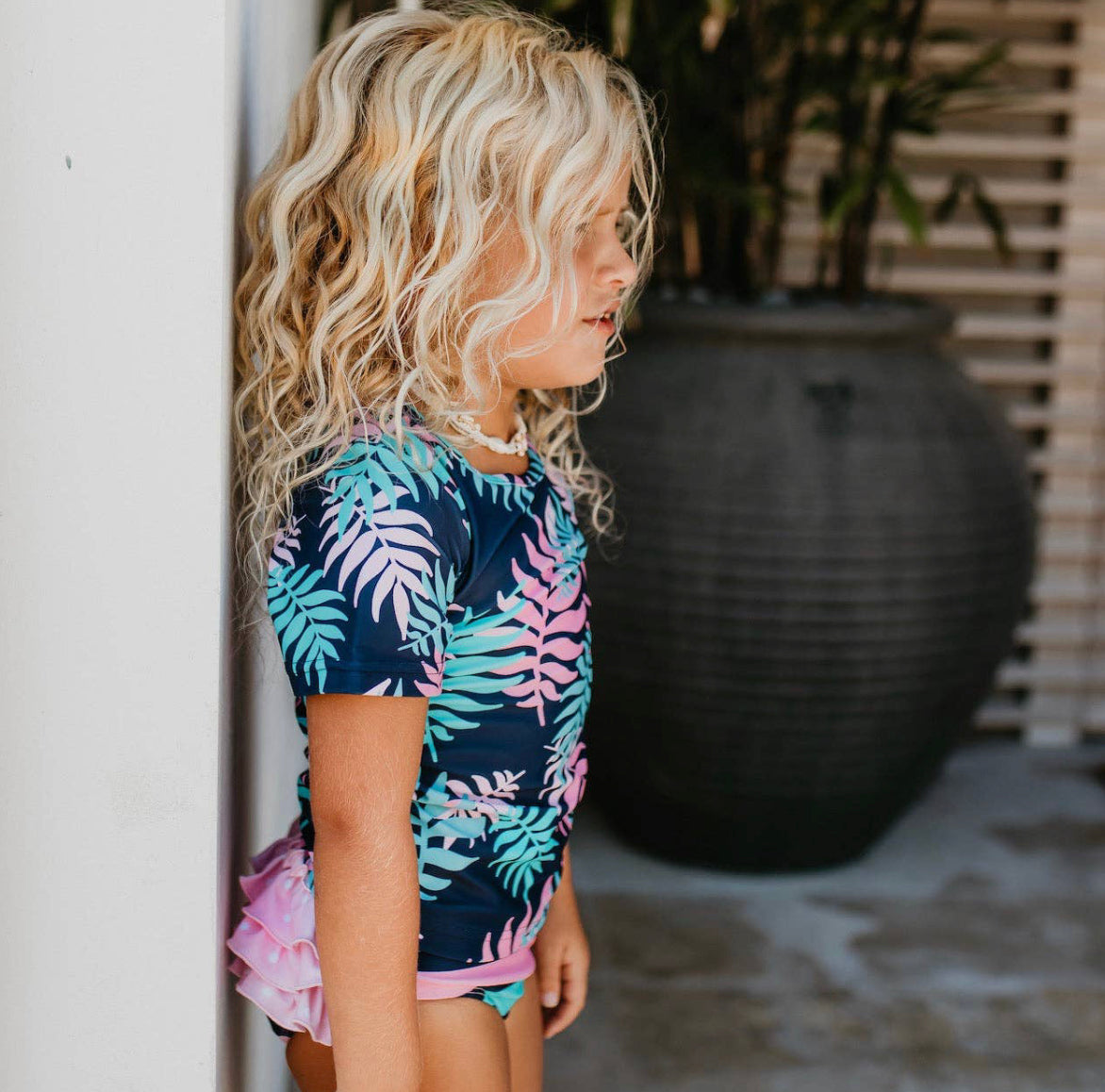 Navy and Pink Tropical Bathing Suit Set