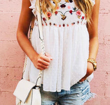 Load image into Gallery viewer, White Floral Embroidered Swiss Dot Ruffled Tank Top
