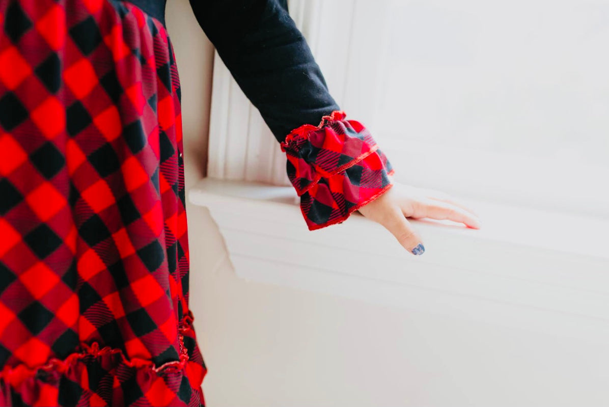 Red and Black Plaid Buffalo Check Ruffle Holiday Dress