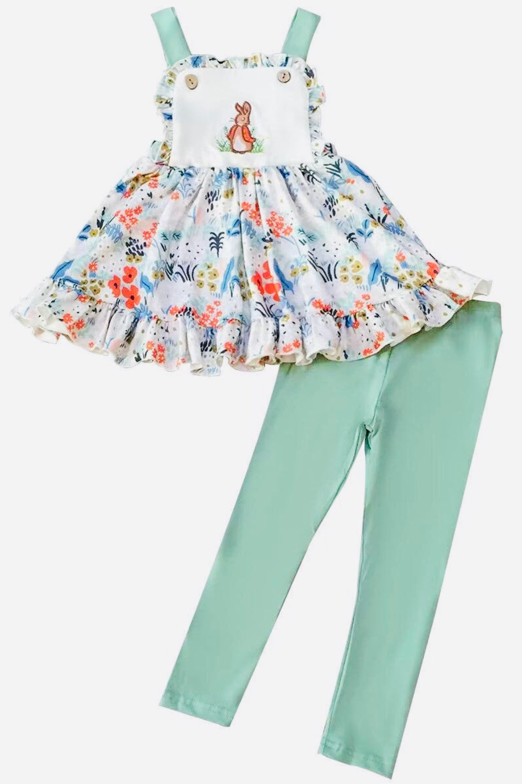 Green floral bunny appliqué pant set