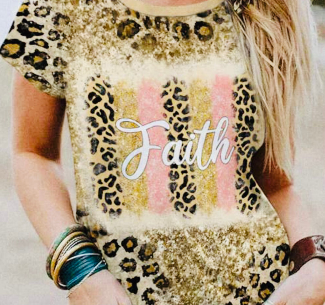 Faith Leopard Glitter Bleached O-neck T-shirt
