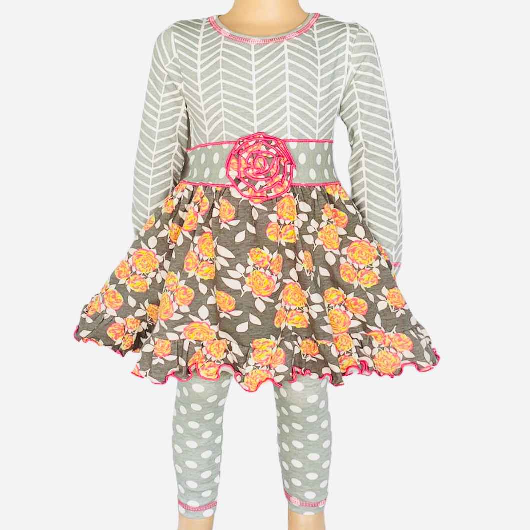 Grey Shabby Floral Herringbone Dress & Polka Dot Leggings